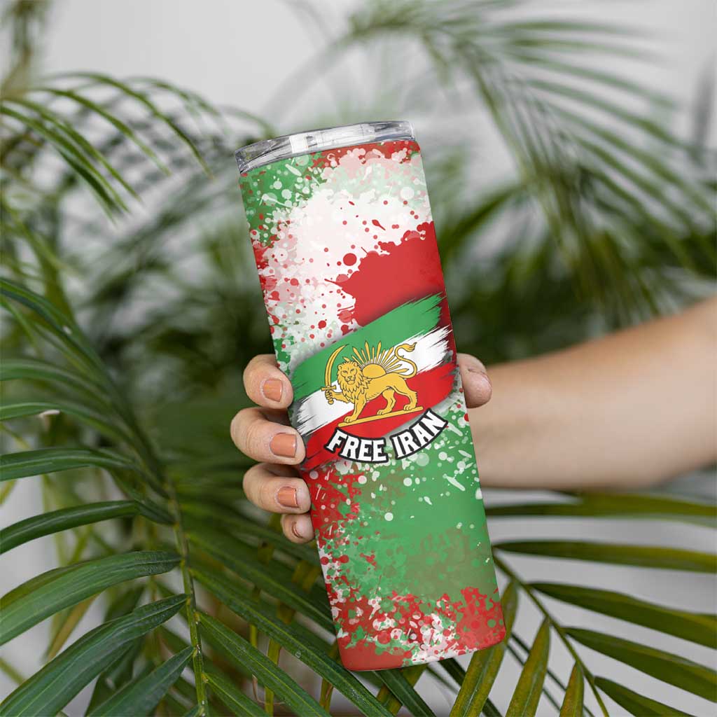 Free Iran Skinny Tumbler Lion and Sun Emblem Grunge Paint Splash Style