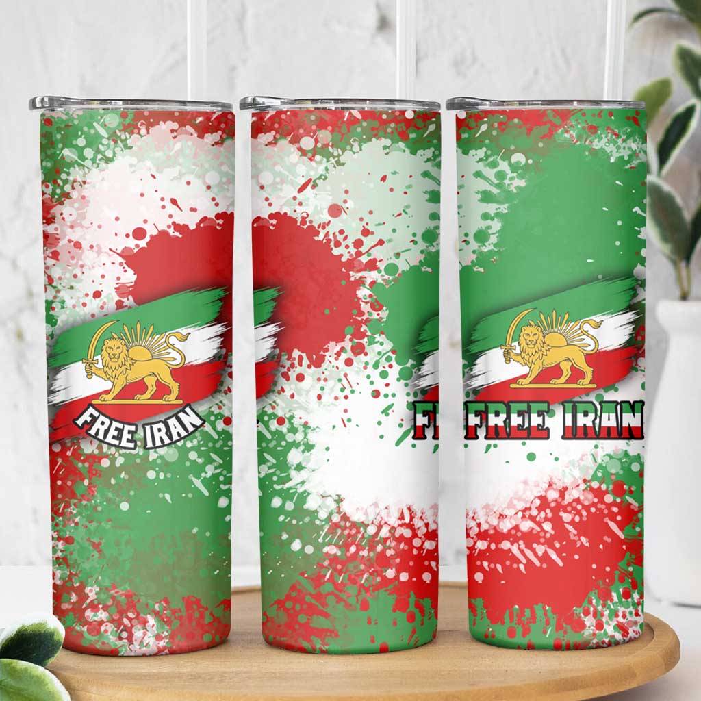Free Iran Skinny Tumbler Lion and Sun Emblem Grunge Paint Splash Style