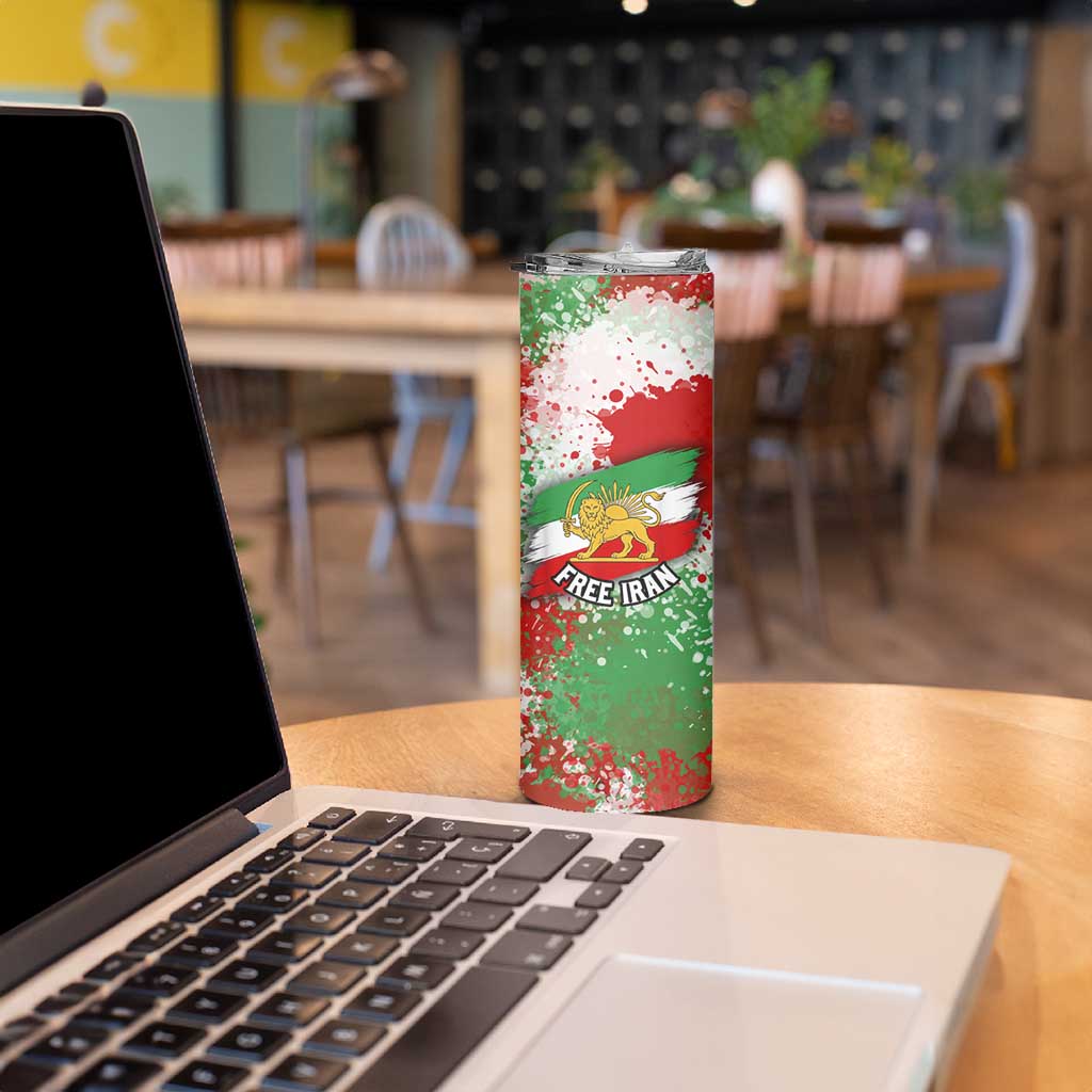 Free Iran Skinny Tumbler Lion and Sun Emblem Grunge Paint Splash Style