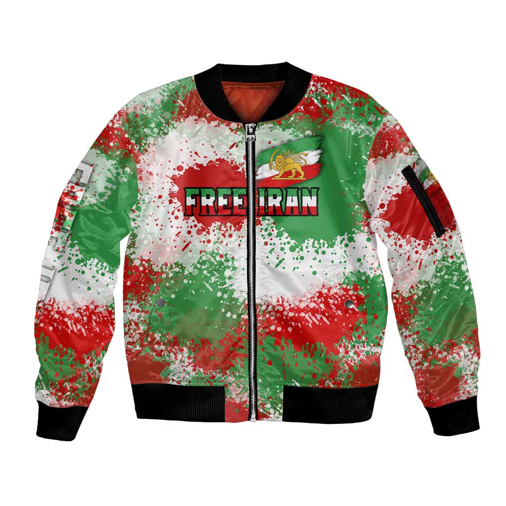 Free Iran Sleeve Zip Bomber Jacket Lion and Sun Emblem Grunge Paint Splash Style