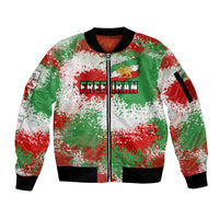 Free Iran Sleeve Zip Bomber Jacket Lion and Sun Emblem Grunge Paint Splash Style