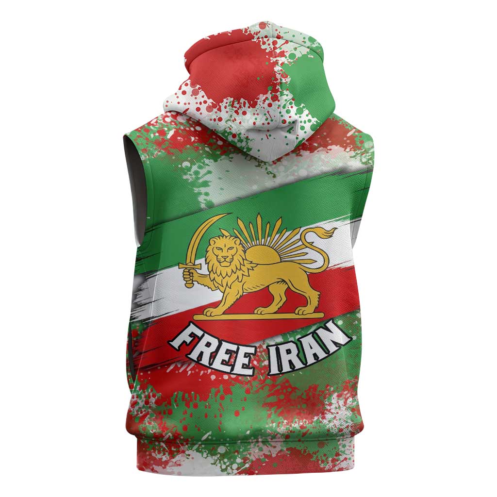 Free Iran Sleeveless Hoodie Lion and Sun Emblem Grunge Paint Splash Style