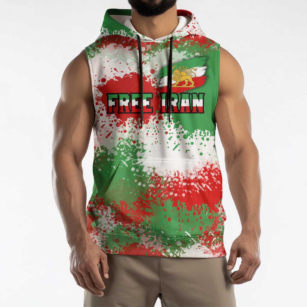 Free Iran Sleeveless Hoodie Lion and Sun Emblem Grunge Paint Splash Style