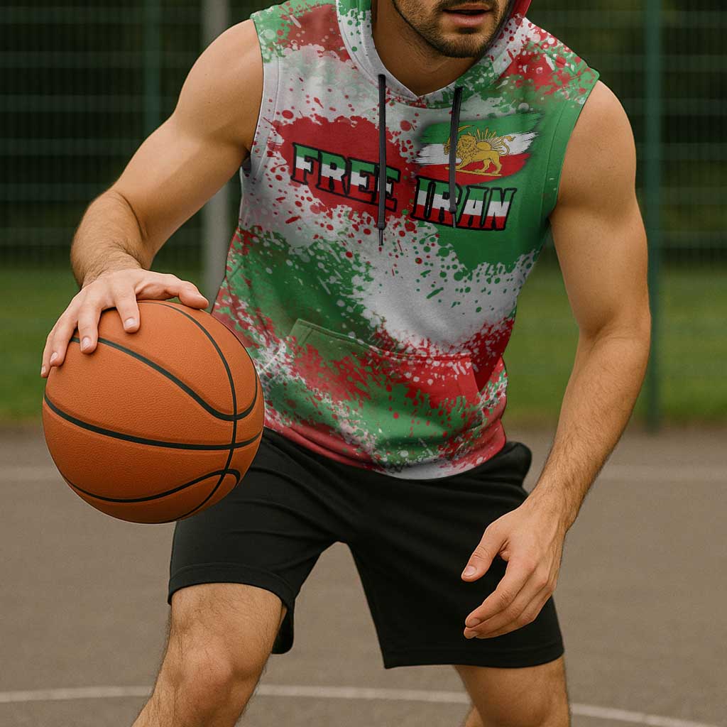Free Iran Sleeveless Hoodie Lion and Sun Emblem Grunge Paint Splash Style