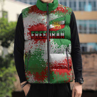 Free Iran Sleeveless Puffer Jacket Lion and Sun Emblem Grunge Paint Splash Style