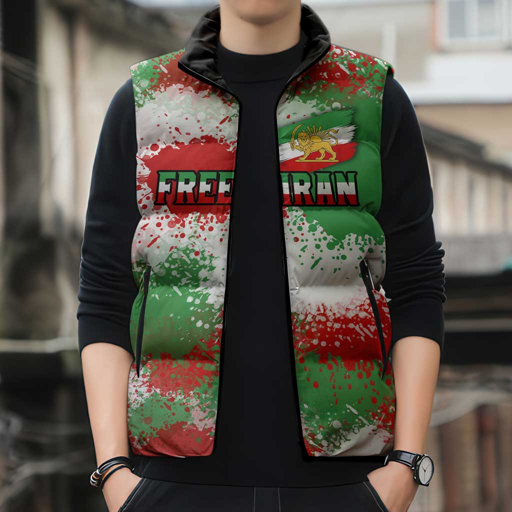Free Iran Sleeveless Puffer Jacket Lion and Sun Emblem Grunge Paint Splash Style