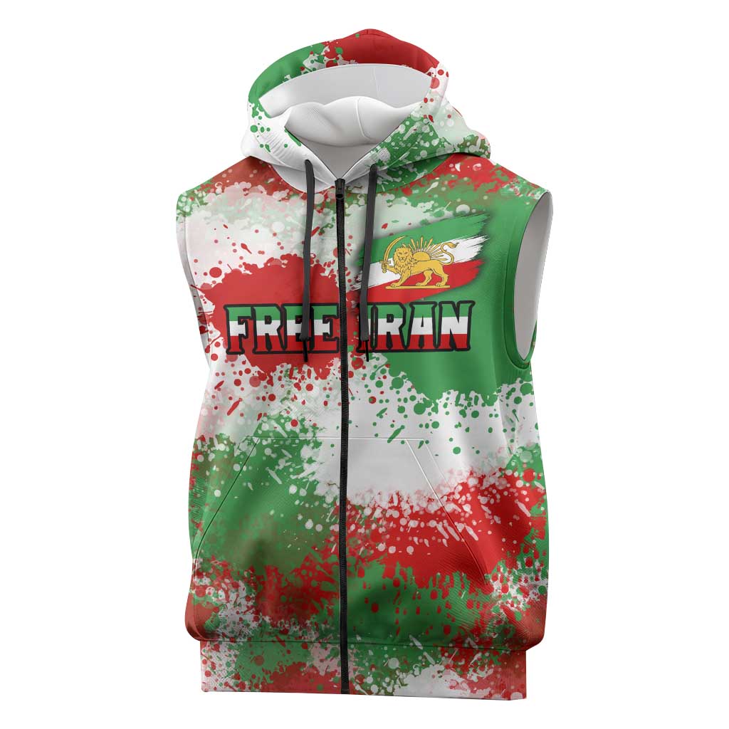Free Iran Sleeveless Zip Hoodie Lion and Sun Emblem Grunge Paint Splash Style