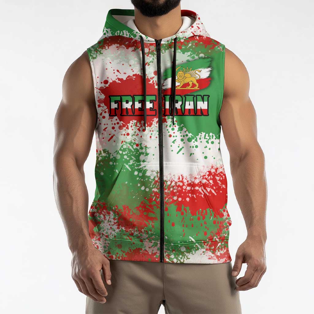 Free Iran Sleeveless Zip Hoodie Lion and Sun Emblem Grunge Paint Splash Style