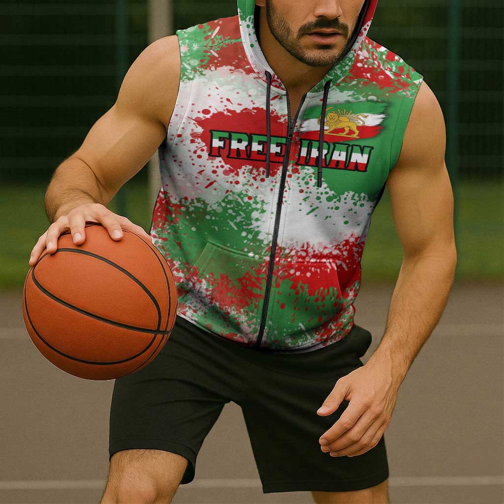 Free Iran Sleeveless Zip Hoodie Lion and Sun Emblem Grunge Paint Splash Style