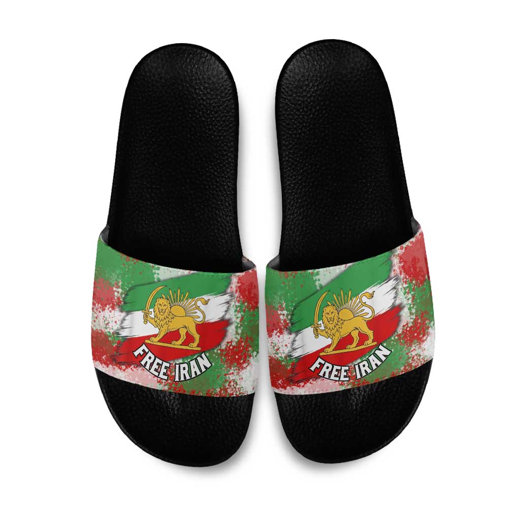 Free Iran Slide Sandals Lion and Sun Emblem Grunge Paint Splash Style