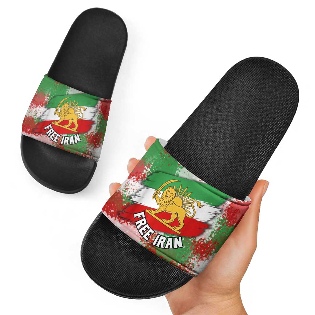 Free Iran Slide Sandals Lion and Sun Emblem Grunge Paint Splash Style