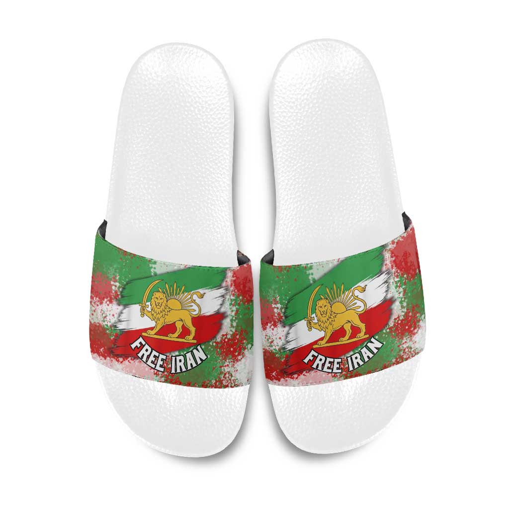 Free Iran Slide Sandals Lion and Sun Emblem Grunge Paint Splash Style