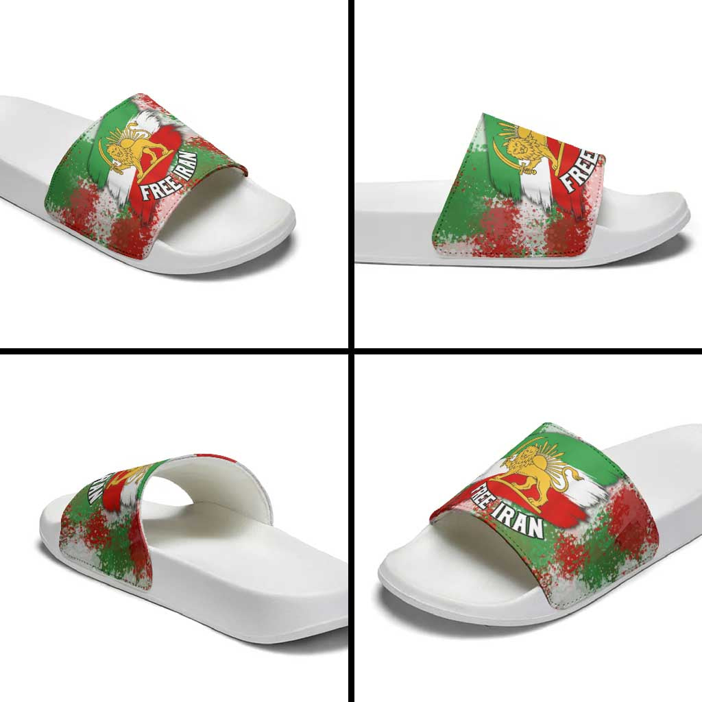 Free Iran Slide Sandals Lion and Sun Emblem Grunge Paint Splash Style