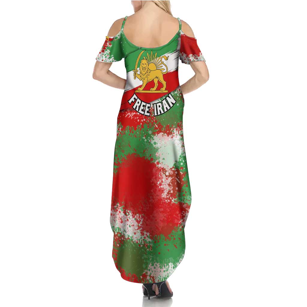 Free Iran Summer Maxi Dress Lion and Sun Emblem Grunge Paint Splash Style