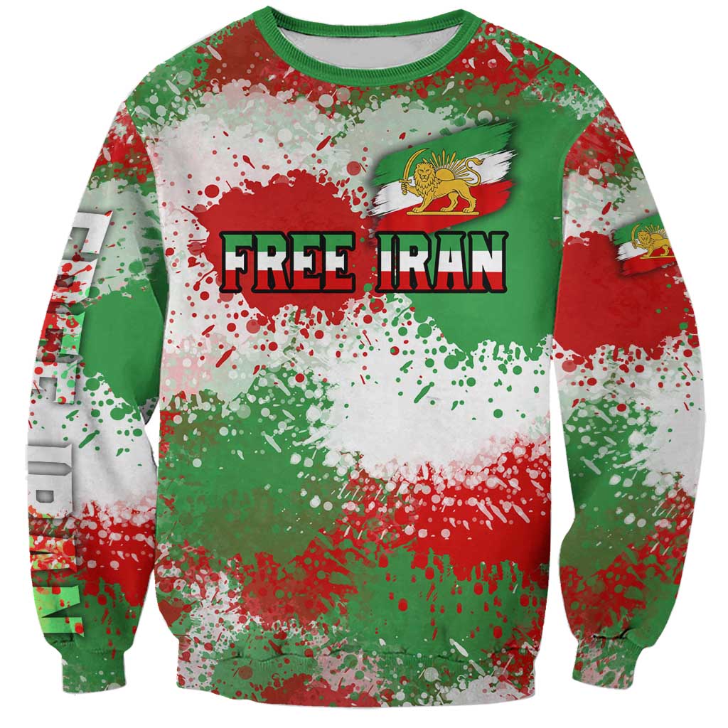 Free Iran Sweatshirt Lion and Sun Emblem Grunge Paint Splash Style