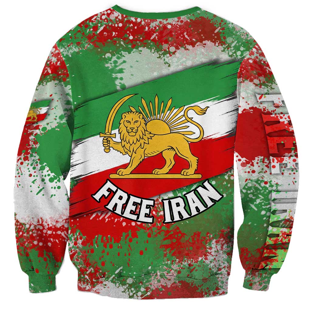 Free Iran Sweatshirt Lion and Sun Emblem Grunge Paint Splash Style