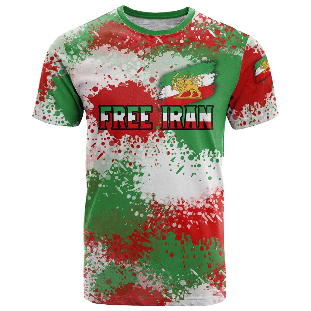 Free Iran T Shirt Lion and Sun Emblem Grunge Paint Splash Style
