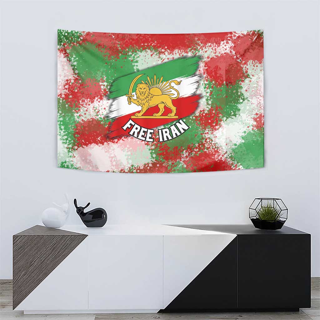 Free Iran Tapestry Lion and Sun Emblem Grunge Paint Splash Style