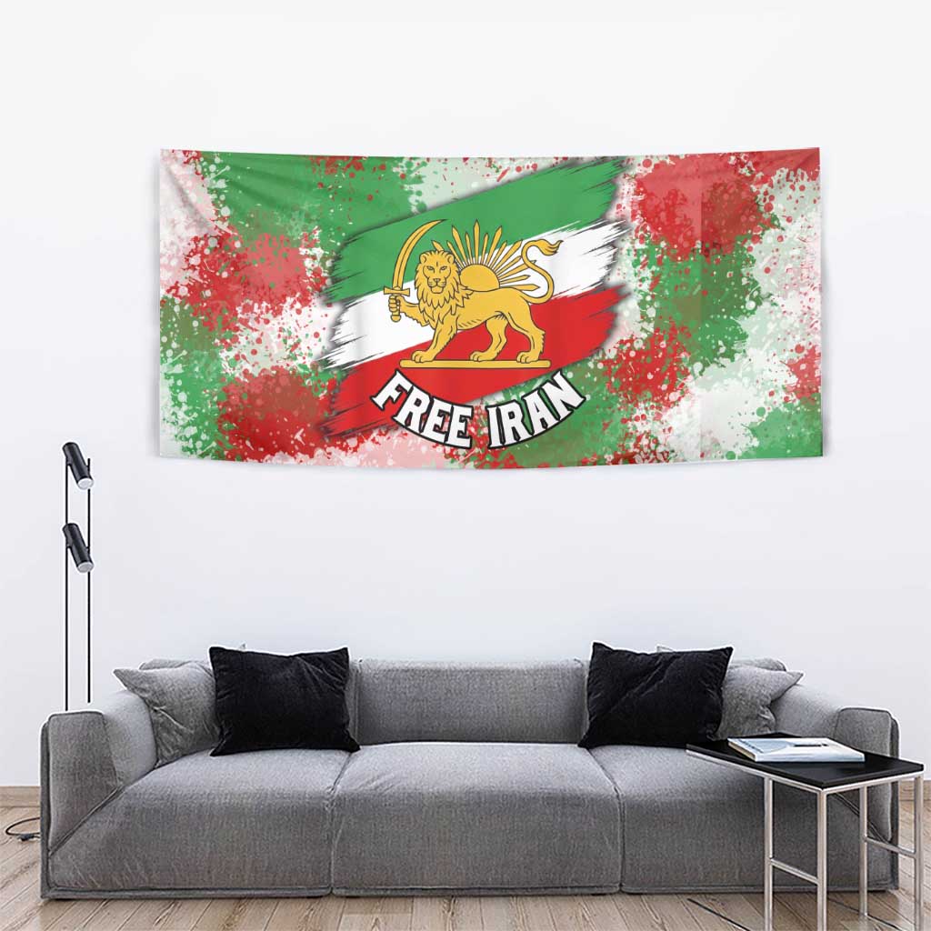 Free Iran Tapestry Lion and Sun Emblem Grunge Paint Splash Style