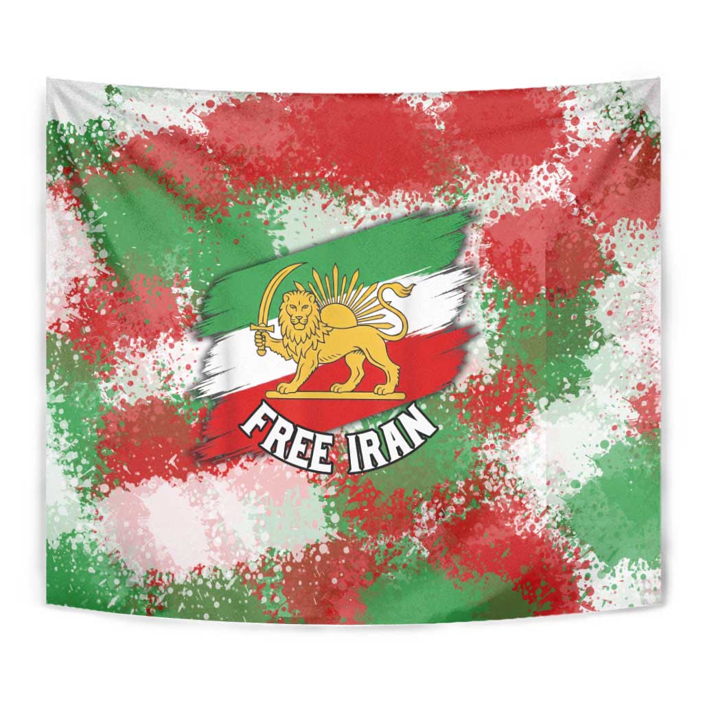 Free Iran Tapestry Lion and Sun Emblem Grunge Paint Splash Style
