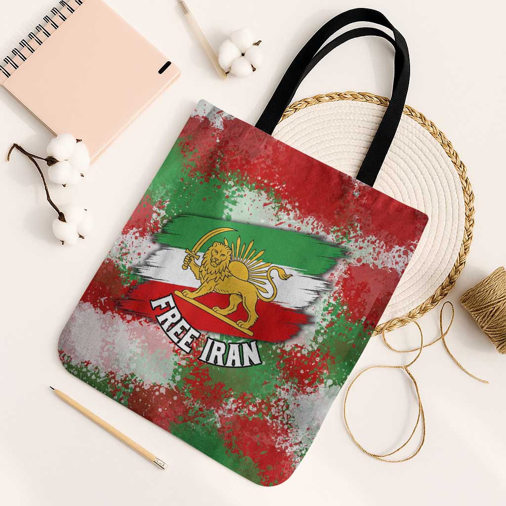 Free Iran Tote Bag Lion and Sun Emblem Grunge Paint Splash Style