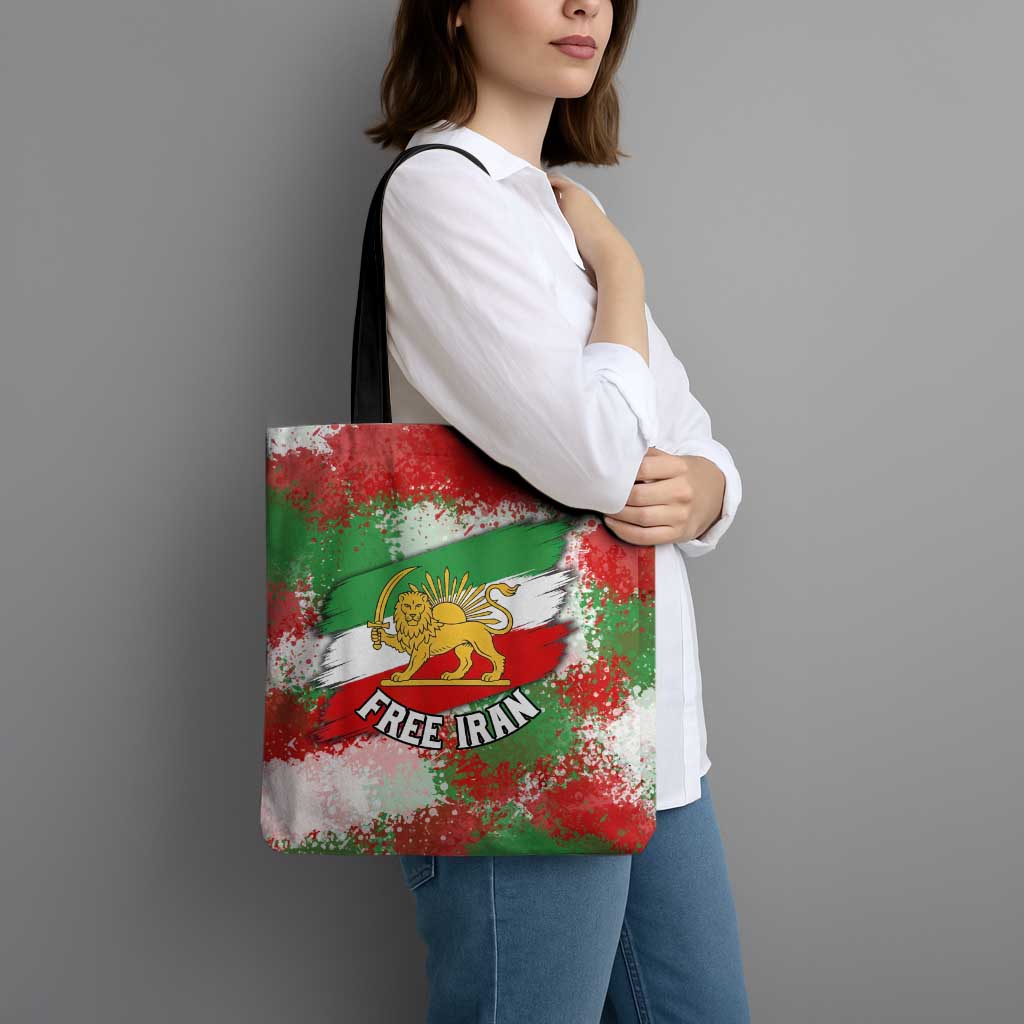 Free Iran Tote Bag Lion and Sun Emblem Grunge Paint Splash Style