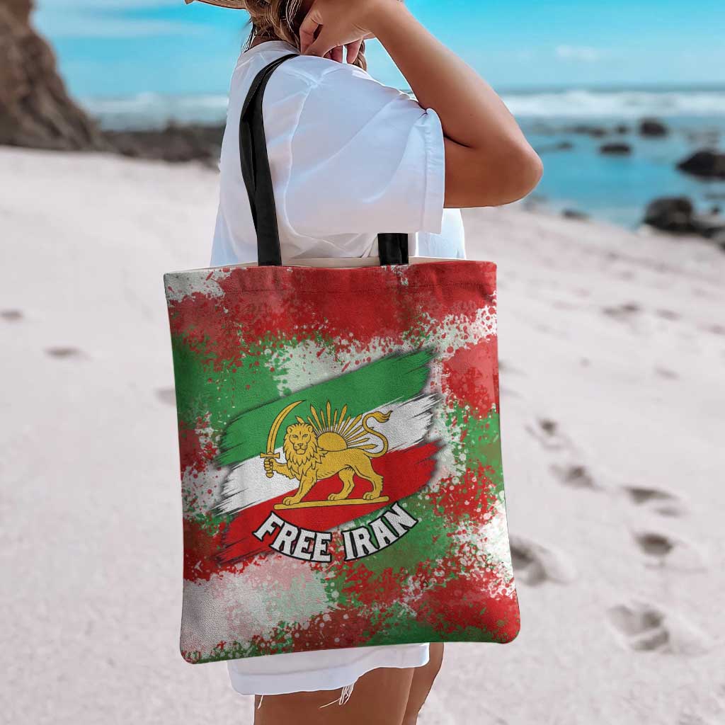 Free Iran Tote Bag Lion and Sun Emblem Grunge Paint Splash Style