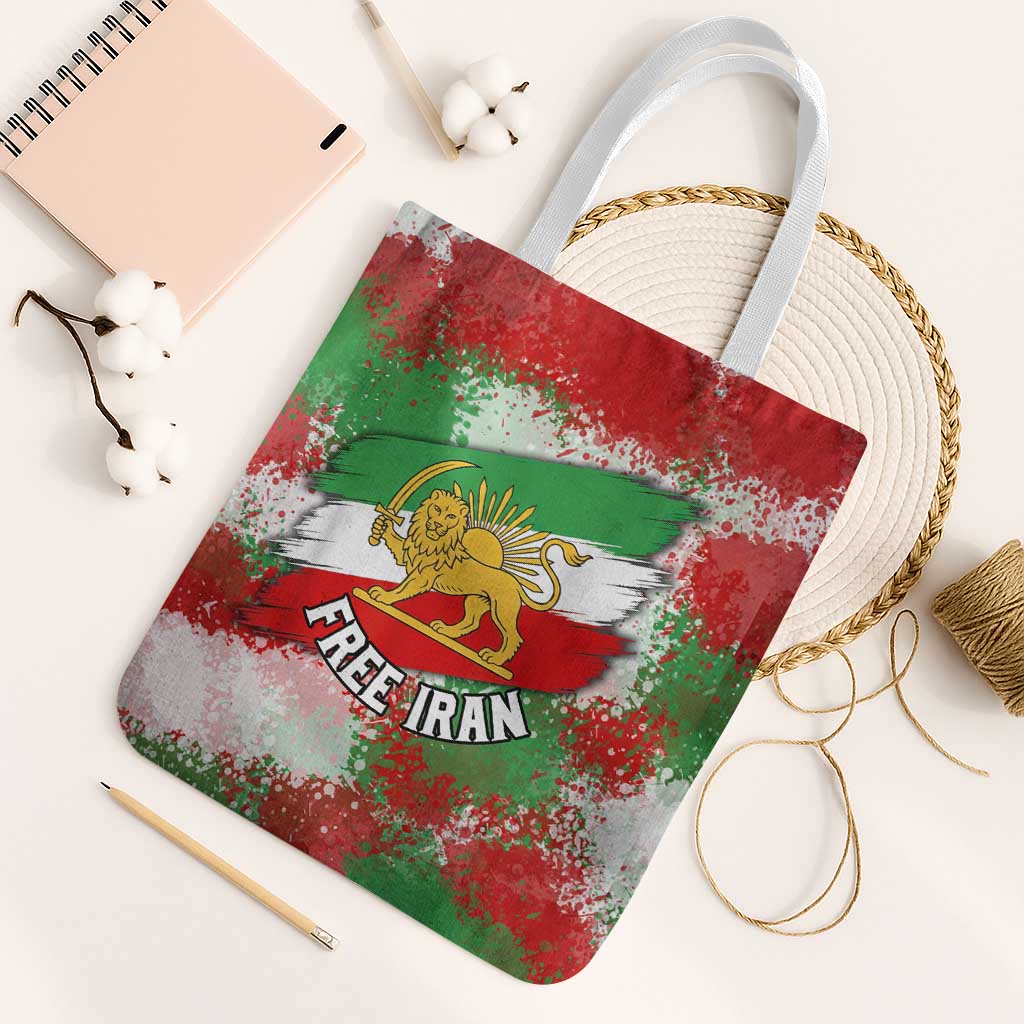 Free Iran Tote Bag Lion and Sun Emblem Grunge Paint Splash Style