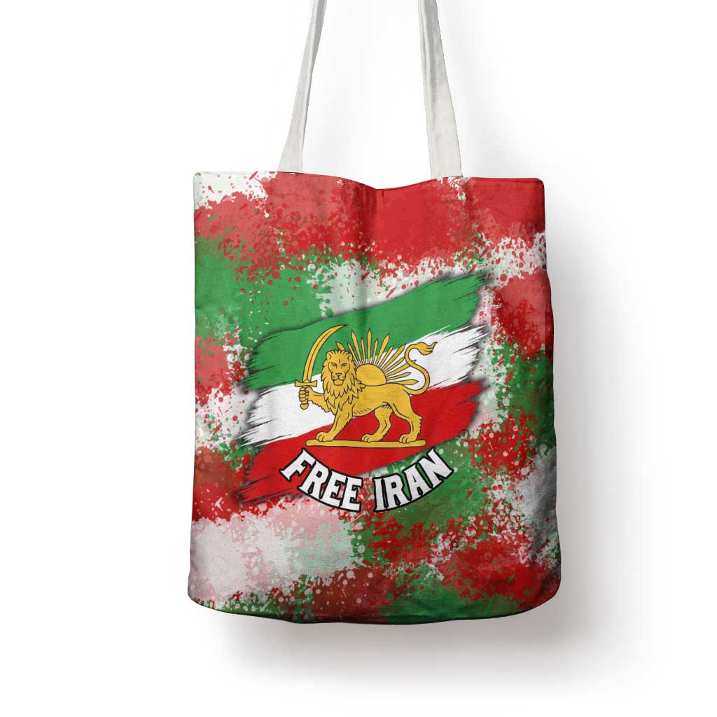 Free Iran Tote Bag Lion and Sun Emblem Grunge Paint Splash Style