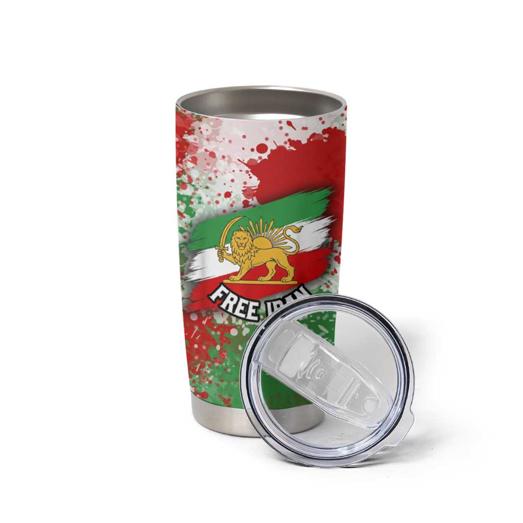 Free Iran Tumbler Cup Lion and Sun Emblem Grunge Paint Splash Style