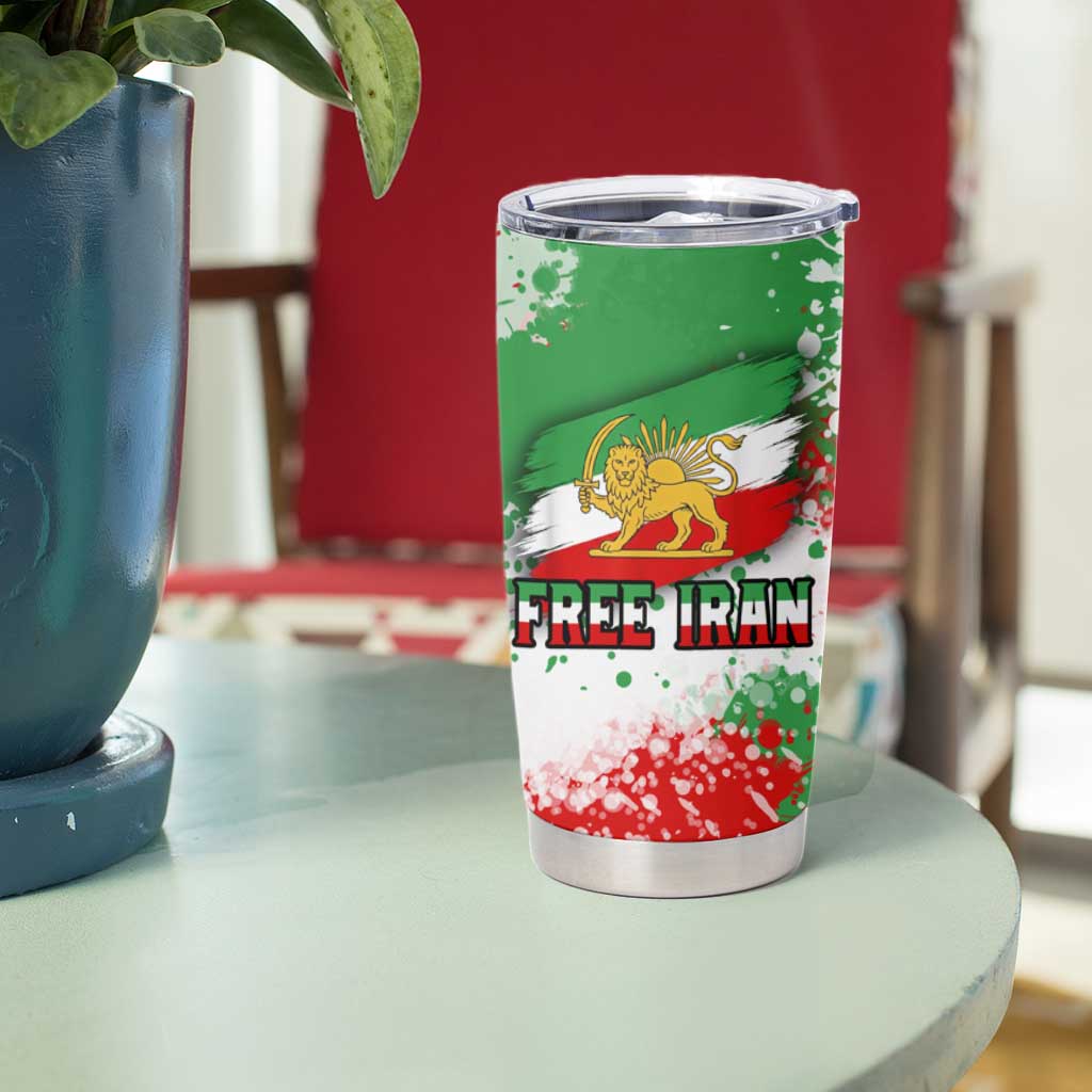 Free Iran Tumbler Cup Lion and Sun Emblem Grunge Paint Splash Style