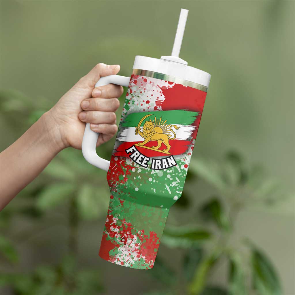 Free Iran Tumbler With Handle Lion and Sun Emblem Grunge Paint Splash Style