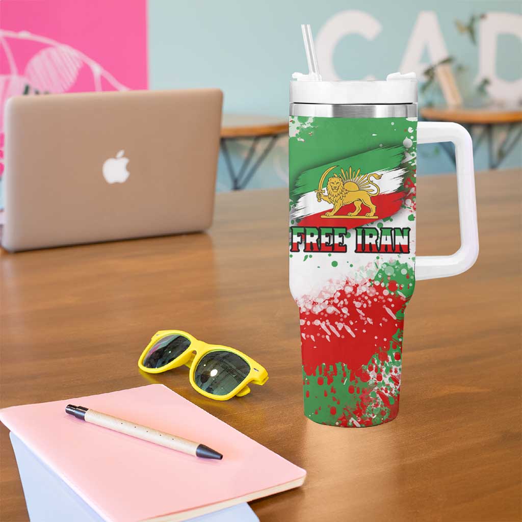 Free Iran Tumbler With Handle Lion and Sun Emblem Grunge Paint Splash Style