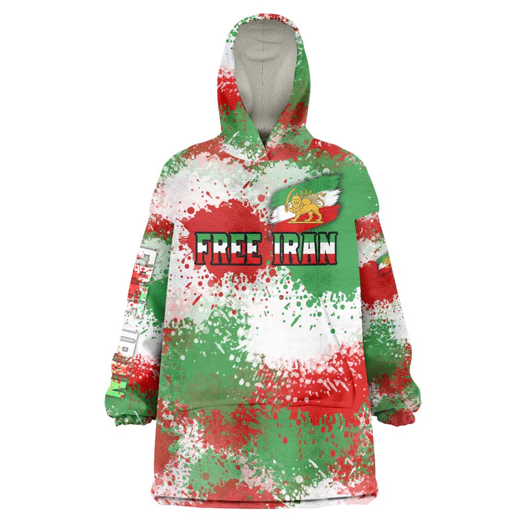 Free Iran Wearable Blanket Hoodie Lion and Sun Emblem Grunge Paint Splash Style