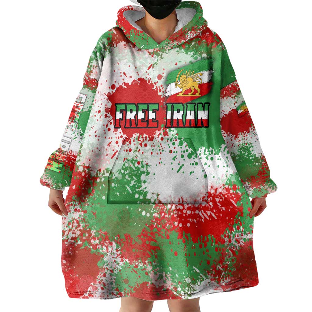 Free Iran Wearable Blanket Hoodie Lion and Sun Emblem Grunge Paint Splash Style