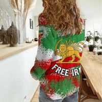 Free Iran Women Casual Shirt Lion and Sun Emblem Grunge Paint Splash Style