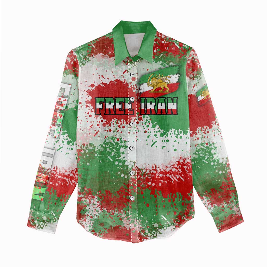 Free Iran Women Casual Shirt Lion and Sun Emblem Grunge Paint Splash Style