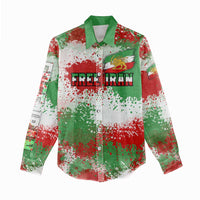 Free Iran Women Casual Shirt Lion and Sun Emblem Grunge Paint Splash Style