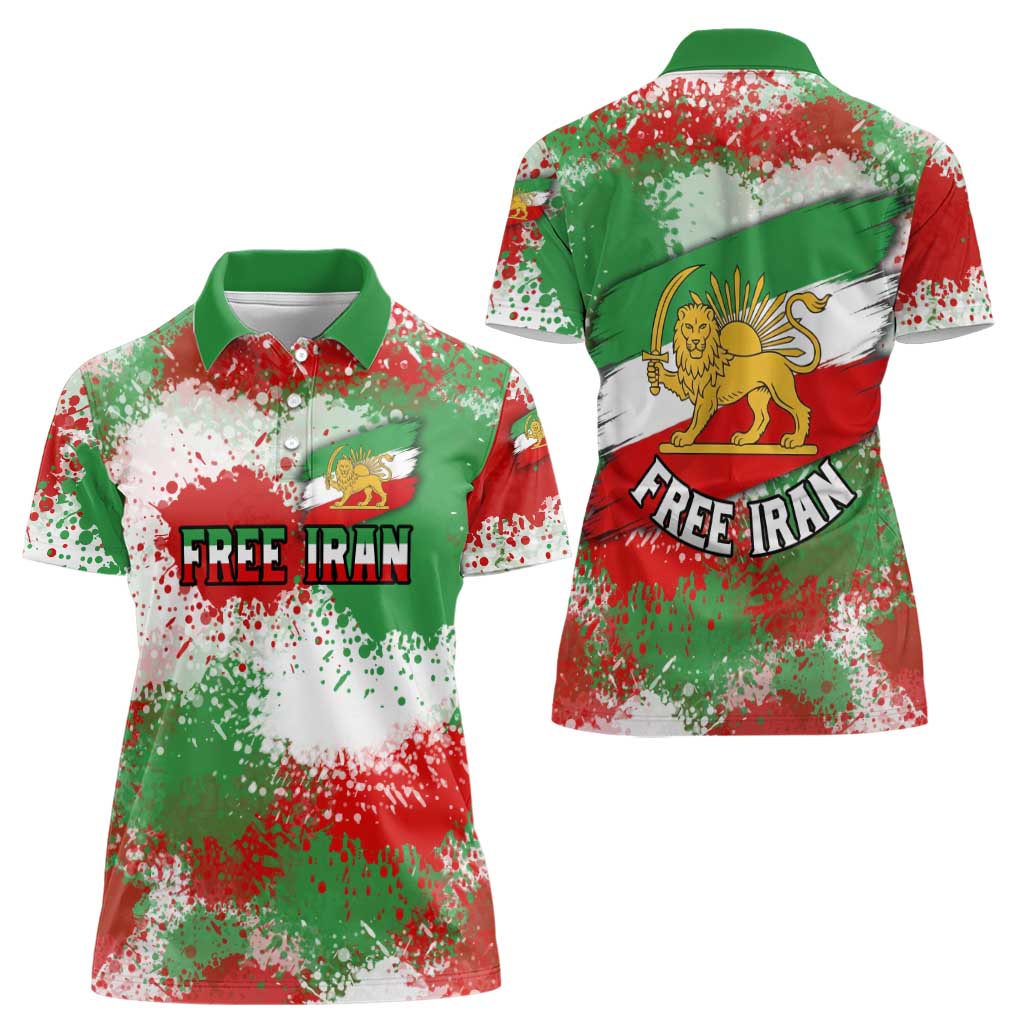 Free Iran Women Polo Shirt Lion and Sun Emblem Grunge Paint Splash Style