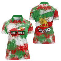 Free Iran Women Polo Shirt Lion and Sun Emblem Grunge Paint Splash Style