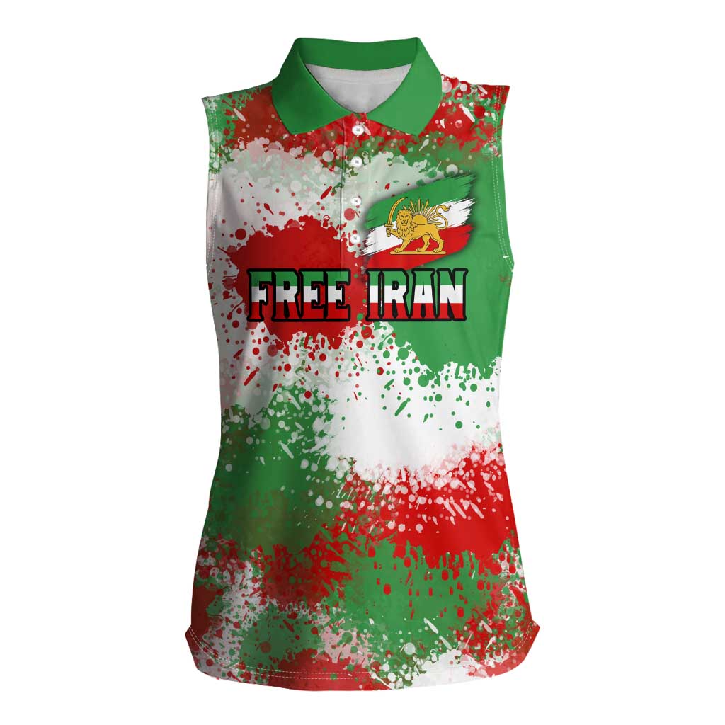 Free Iran Women Sleeveless Polo Shirt Lion and Sun Emblem Grunge Paint Splash Style