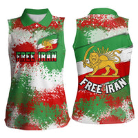 Free Iran Women Sleeveless Polo Shirt Lion and Sun Emblem Grunge Paint Splash Style