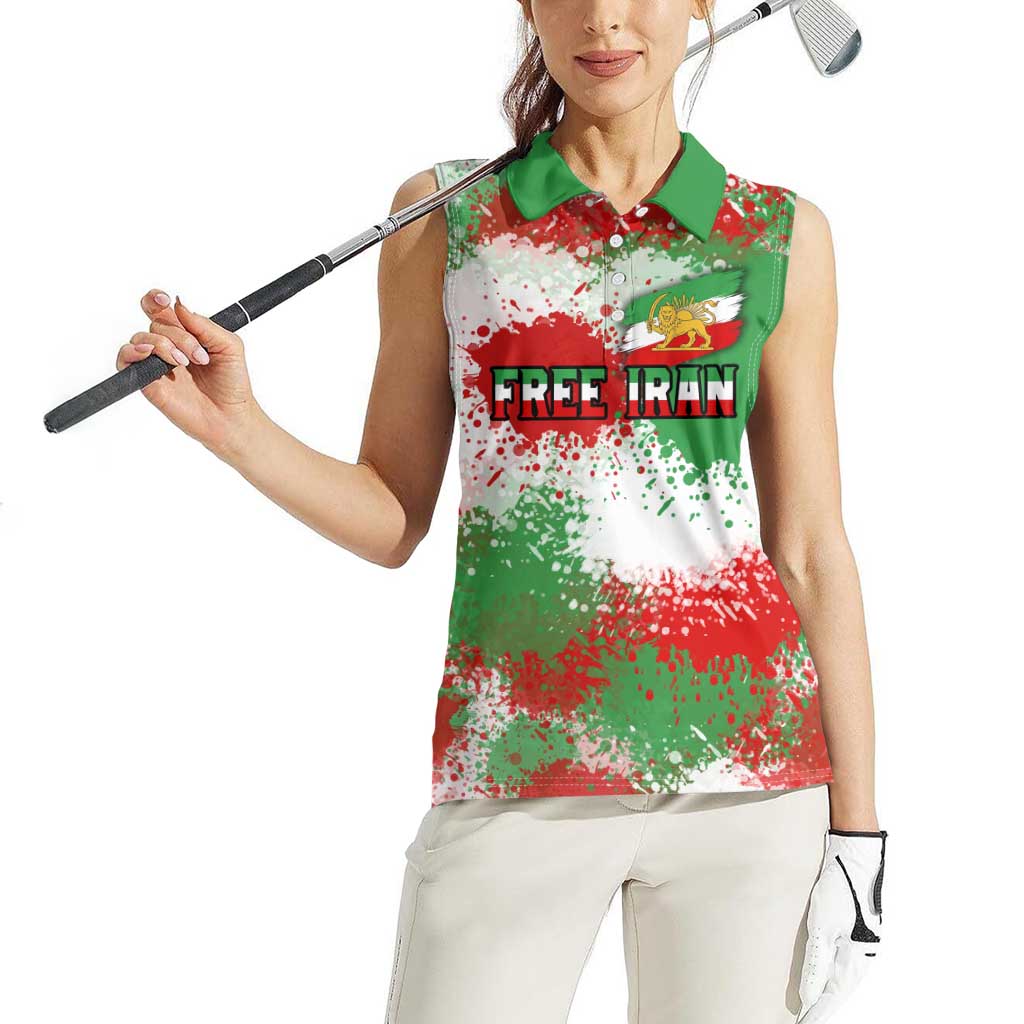 Free Iran Women Sleeveless Polo Shirt Lion and Sun Emblem Grunge Paint Splash Style