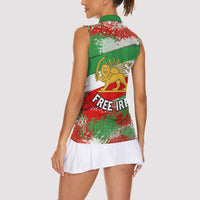 Free Iran Women Sleeveless Polo Shirt Lion and Sun Emblem Grunge Paint Splash Style