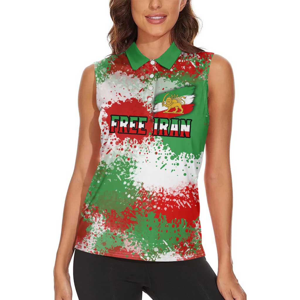 Free Iran Women Sleeveless Polo Shirt Lion and Sun Emblem Grunge Paint Splash Style