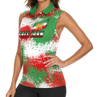 Free Iran Women Sleeveless Polo Shirt Lion and Sun Emblem Grunge Paint Splash Style