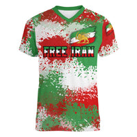 Free Iran Women V-Neck T-Shirt Lion and Sun Emblem Grunge Paint Splash Style