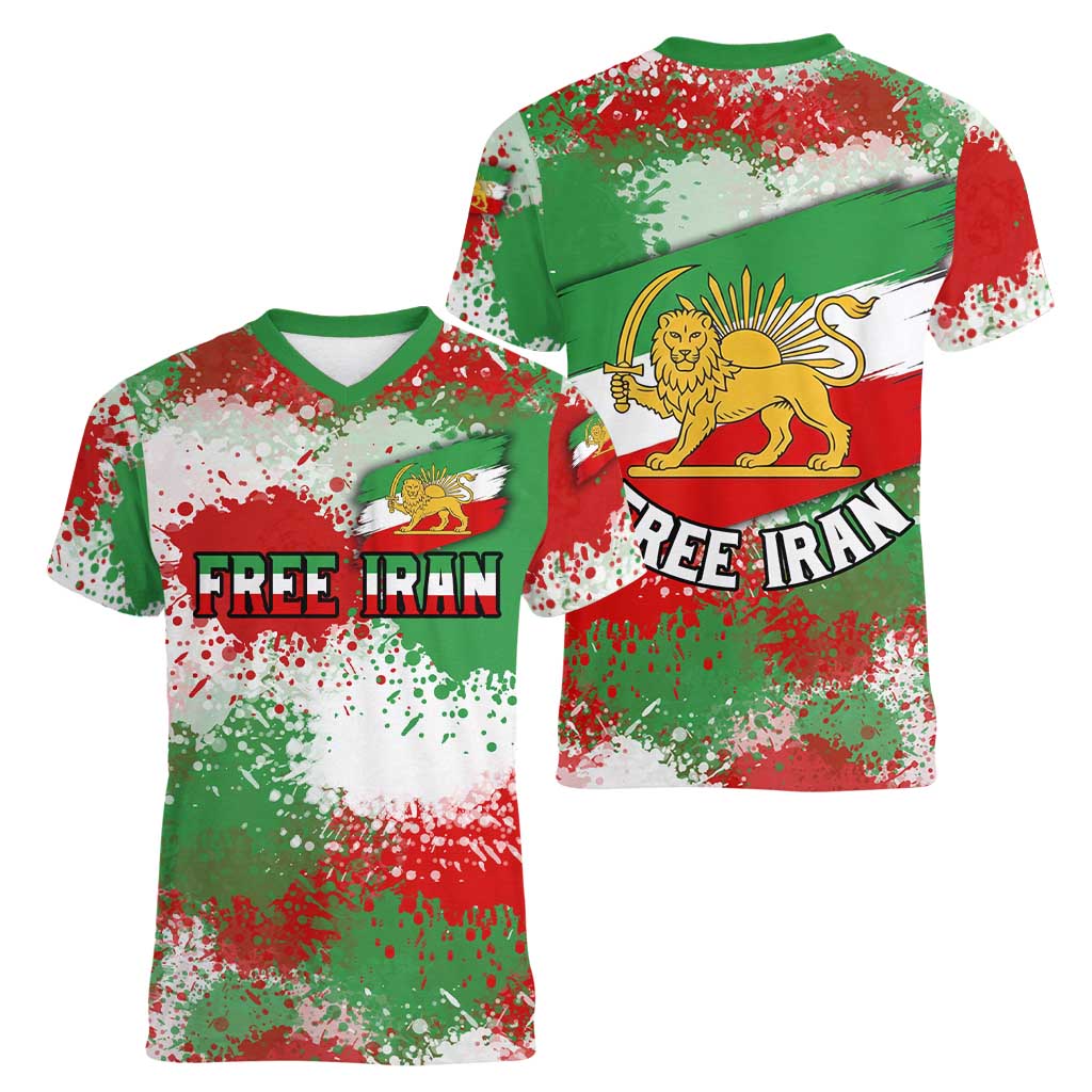 Free Iran Women V-Neck T-Shirt Lion and Sun Emblem Grunge Paint Splash Style
