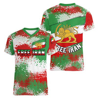 Free Iran Women V-Neck T-Shirt Lion and Sun Emblem Grunge Paint Splash Style