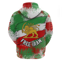 Free Iran Zip Hoodie Lion and Sun Emblem Grunge Paint Splash Style